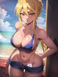 1girls ai_generated artist_request blonde_hair curvaceous curvy_body curvy_female curvy_figure denim_shorts female_focus female_only hi_res highschool_of_the_dead huge_breasts shizuka_marikawa short_shorts shorts solo_female stable_diffusion voluptuous voluptuous_female