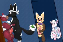 4boys absurd_res alolan_vulpix alternate_color animal_genitalia anthro anthro_on_anthro balls being_watched blush furry gay gem glasses houndour knot masturbation nickit penis pokemon pokemon_(species) shiny_pokemon shiny_stufful stufful sword_fight vanzard vulpix