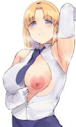 1girls armpits armwear bare_shoulders big_breasts black_hairband blonde_girl_(okpriko) blonde_hair blue_eyes blue_tie eyebrows_visible_through_hair female female_only hairband large_breasts nipples no_bra no_bra_under_clothes okpriko one_breast_out open_clothes short_hair solo sweat sweat_stain tie white_armwear