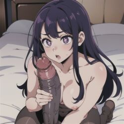 1boy 1girls ai_generated bed bedroom big_breasts big_penis black_penis breasts dark-skinned_male hand_on_penis hoshino_ai huge_cock no_bra open_mouth oshi_no_ko pantyhose penis_awe penis_close_to_face purple_hair star_shaped_pupils uncensored