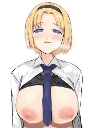 big_breasts black_bra black_hairband blonde_girl_(okpriko) blue_eyes blue_tie bra breasts female_only hairband nipples okpriko open_mouth original simple_background tie white_background