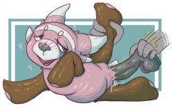 blush digital_media_(artwork) dildo disembodied_hand epistaxiophilia feral furry hand_on_leg heart human_on_feral looking_pleasured pokémon_(species) pokemon pokemon_(species) pokephilia pussy pussy_juice spread_legs stuffed_belly stufful tag