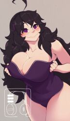 artist_signature big_breasts blush chubby crooked_smile curvaceous curvy_body hex_maniac leotard mole_on_breast nsfwheadphones_(artist) plain_background pokemon purple_eyes purple_hair purple_leotard small_fangs swirly_eyes thick_thighs wavy_mouth