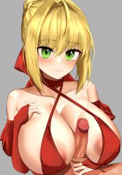 1boy 1girls areolae arusu big_breasts big_penis blonde_hair blush breasts cleavage fate/grand_order fate_(series) female green_eyes huge_breasts large_breasts male nero_claudius_(fate) paizuri penis