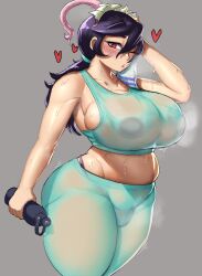 1girls areolae big_breasts big_thighs blush bodily_fluids breasts busty chubby curvy female filia_(skullgirls) gigantic_breasts gigantic_thighs heart heart-shaped_pupils hearts_around_head huge_breasts huge_thighs large_breasts large_thighs massive_breasts massive_thighs purple_thong samson_(skullgirls) see-through skullgirls sports_bra sweat thick_thighs thighs thong tillshitposting voluptuous water_bottle wide_thighs wiping_sweat yoga_pants