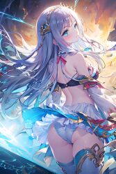 ai_generated ass atelier_(series) atelier_lulua bare_shoulders blue_eyes blush breasts cameltoe detached_sleeves elmerulia_fryxell female from_behind hairband long_hair medium_breasts miniskirt panties shiny shiny_hair shiny_skin sideboob silver_hair skirt smile solo thighhighs very_long_hair