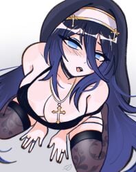 1girls 2020s 2023 artist_signature big_breasts black_legwear black_nails blue_eyes blue_hair breasts cross cross_necklace female female_only headband kneeling long_hair looking_at_viewer megrocks nail_polish open_mouth original ring rozely_azulla_(xryuji_xxx) simple_background solo thighhighs white_background