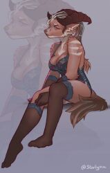 animal_ears anthro big_breasts breasts feet female_only fox furry grey_hair horns lingerie looking_away mature milf mommy mother oc original_character ponytail red_eyes simple_background solo solo_female solo_focus starlyve tail vulpyne