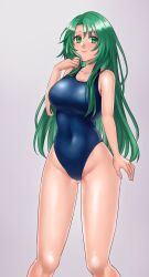 1girls alternate_costume ass_visible_through_thighs bare_shoulders blue_one-piece_swimsuit blue_swimsuit breasts cecilia_(fire_emblem) cleavage collarbone covered_navel cowboy_shot female female female_only fire_emblem fire_emblem:_the_binding_blade fire_emblem_heroes green_eyes green_hair grey_background groin hazuki_(nyorosuke) highres large_breasts legs light_smile long_hair looking_at_viewer nintendo one-piece_swimsuit simple_background smile solo swimsuit thighs