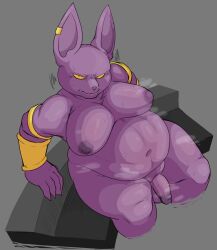 2023 anthro areola armband belly big_belly big_ears biped bodily_fluids bracelet champa claws domestic_cat dragon_ball dragon_ball_super ear_piercing ear_ring felid feline felis finger_claws flaccid genitals grey_background hairless hairless_cat half-erect hi_res high-angle_view jewelry locitony male male_only mammal moobs navel nipples nude overweight overweight_anthro overweight_male penis piercing prick_ears purple_areola purple_body purple_nipples purple_nose purple_skin ring_piercing simple_background sitting solo sphynx_(cat) steam sweat sweaty_face sweaty_legs sweaty_moobs yellow_eyes