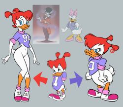 anthro anthro_only comparison darkwing_duck duck gosalyn_mallard grown_up no_panties no_pants no_underwear purple_shirt red_hair