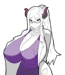 1girls albino big_ass big_breasts big_butt big_nipples glasses horns ky_4rt labcoat long_hair original_character sketch solo solo_female solo_focus succubus white_background white_hair