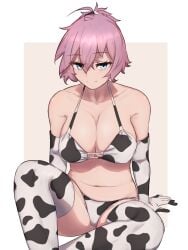 ahoge animal_print aoba_(kantai_collection) bikini breasts cleavage cow_print elbow_gloves feet_out_of_frame female gloves green_eyes hair_ornament hair_scrunchie highres ikadamo kantai_collection large_breasts ponytail purple_hair scrunchie sitting smile solo swimsuit thighhighs white_bikini white_gloves white_scrunchie white_thighhighs