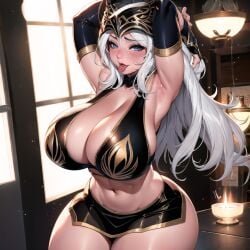 ai_generated arms_up ashe_(league_of_legends) big_breasts cixf cleavage_cutout covered_nipples hands_behind_head huge_breasts league_of_legends riot_games thick_thighs tongue_out