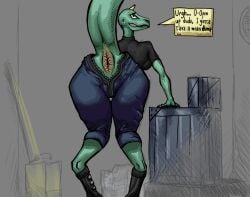 1girls 2023 2d anthro anus_cutout ass_window big_anus big_ass biting_lip closet desperation faustawk green_body green_scales imminent_scat implied_scat krummhau lizard lizard_girl looking_at_viewer looking_back one_horn presenting_anus presenting_hindquarters puffy_anus scalie scat scat_desperation self_upload speech_bubble zipper