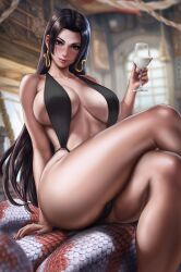 1girls abs alcoholic_drink arm_support bare_arms bare_legs bare_shoulders bare_skin bare_thighs big_breasts big_thighs bikini black_clothes black_clothing black_hair black_sling_bikini blue_eyes boa_hancock breasts busty cleavage clothed clothed_female cup dandon_fuga earrings female female_focus female_only fingernails fit fit_female holding_beverage holding_cup holding_drink huge_breasts large_breasts legs light_skin light_skinned_female long_hair mature mature_female milk nail_polish nails one_piece open_legs pirate purple_nail_polish purple_nails reptile salome_(one_piece) sitting sitting_down sling_bikini smile smiling snake solo solo_female solo_focus stomach swimsuit thick_thighs thighs toned toned_body toned_female toned_stomach wine wine_glass