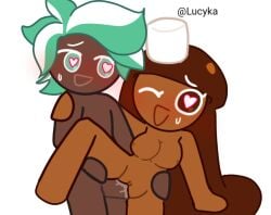 1boy1girl brown_hair canon_couple cocoa_cookie cookie cookie_run cookie_run_kingdom dark-skinned_female dark-skinned_male happy_sex k mint_choco_cookie old_art romantic_couple sex wholesome