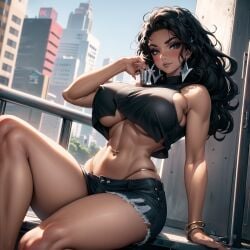 ai_generated big_breasts bimbo bimbo_body cixf crossed_legs dark_hair dark_skin huge_breasts league_of_legends leaning riot_games samira_(league_of_legends) thick_thighs thong_above_shorts underboob