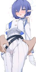 1boy aoi_(blue_archive) ass_grab blue_archive blue_eyes blue_hair blue_halo blue_necktie blush eyes_visible_through_hair female general_student_council_(blue_archive) general_student_council_logo_(blue_archive) gloves halo highres mikozin mole mole_under_eye necktie open_mouth pants pointy_ears pussy_juice short_hair simple_background solo_focus standing white_background white_gloves white_pants