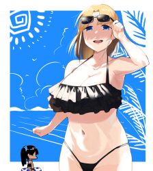 big_breasts bikini black_hair blonde_girl_(okpriko) blonde_hair blue_eyes breasts lifebuoy navel okpriko open_mouth original sunglasses sunglasses_on_head thai_girl_(okpriko)