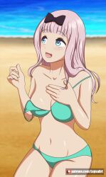 1girls beach big_breasts big_thighs bikini blue_eyes breasts female female_only fujiwara_chika heart-shaped_pupils huge_thighs kaguya-sama_wa_kokurasetai_~tensai-tachi_no_renai_zunousen~ large_thighs lepsaart long_hair navel pink_hair sand sea solo solo_female swimsuit thick_thighs thighs