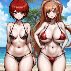 2girls ai_generated beach beach_background big_breasts bikini blush blushing blushing_at_viewer brown_hair danganronpa danganronpa_2:_goodbye_despair danganronpa_3 freckles green_eyes hard_nipples koizumi_mahiru large_breasts looking_at_viewer micro_bikini nipples_visible_through_clothing ponytail red_hair short_hair sweat sweatdrop sweating swimsuit yukizome_chisa