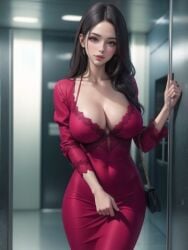 ai_generated black_hair blush cleavage deep_cleavage dress eyumyum large_breasts looking_at_viewer navel navel_visible_through_clothes nipple_bulge red_dress skin_tight stable_diffusion