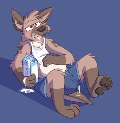 absurd_res anthro barefoot beverage blue_background blue_boxer_briefs blue_clothing blue_underwear blush bodily_fluids boxer_briefs brown_body brown_eyes brown_fur brown_nose brown_pawpads bulge clothing cum english_text erection_in_underwear feet fluid_on_mouth fur genital_fluids half-closed_eyes hand_on_stomach hi_res hyena male male_focus male_only mammal mushketeery mushy_(mushketeteery) narrowed_eyes open_mouth pawpads precum shadow shirt simple_background sitting solo solo_male spots stained_clothing stained_shirt sweat tank_top text tongue_showing topwear underwear white_clothing white_shirt white_tank_top white_topwear