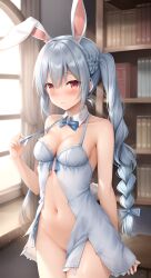 ai_generated braided_pigtails bunny_ears dezgo_ai dress exhibitionism hololive light_blue_hair ripped_dress semi_nude usada_pekora virtual_youtuber