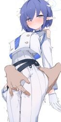 1boy ^^^ aoi_(blue_archive) ass_grab blue_archive blue_eyes blue_hair blue_halo blue_necktie blush disembodied_hand disembodied_hands eyes_visible_through_hair female fingering fingering_through_clothes general_student_council_(blue_archive) general_student_council_logo_(blue_archive) gloves halo highres mikozin mole mole_under_eye molestation necktie pants parted_lips pointy_ears pussy_juice short_hair simple_background size_difference smaller_female solo_focus standing through_clothes white_background white_gloves white_pants