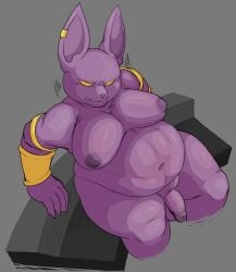 2023 anthro areola armband belly big_belly big_ears biped bracelet champa claws domestic_cat dragon_ball dragon_ball_super ear_piercing ear_ring felid feline felis finger_claws flaccid genitals grey_background hairless hairless_cat half-erect hi_res high-angle_view jewelry locitony male male_only mammal moobs navel nipples nude overweight overweight_anthro overweight_male penis piercing prick_ears purple_areola purple_body purple_nipples purple_nose purple_skin ring_piercing simple_background sitting solo sphynx_(cat) yellow_eyes