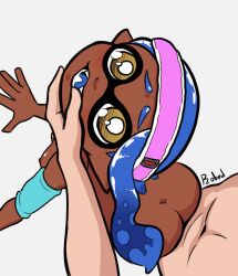 1boy 1girls ass dark-skinned_female dark_skin doggy_style domino_mask hand_in_mouth inkling inkling_girl looking_at_viewer nintendo nude robedart splatoon splatoon_(series)