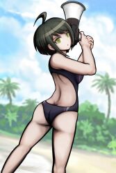 1girls ahoge ass brown_hair cheeeeeeeeeeeeen danganronpa danganronpa_ultra_despair_girls looking_back naegi_komaru one-piece_swimsuit smooth_skin solo swimsuit