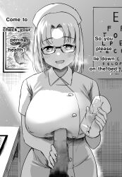 artificial_vagina big_breasts black_pubic_hair blonde_girl_(okpriko) breasts censored covered_nipples english_text eyebrows_visible_through_hair glasses glasses_on_head holding holding_object male_pubic_hair mosaic_censoring no_bra nurse nurse_cap nurse_uniform okpriko open_mouth original penis pubic_hair talking text