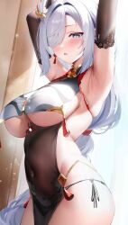 1girls armpits arms_up big_breasts blue_eyes breasts fantongjun female female_only genshin_impact huge_breasts looking_at_viewer shenhe_(genshin_impact) sideboob sioconsole1 solo underboob white_hair