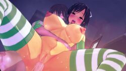 3d arms_wrapped_around_partner asuka_(senran_kagura) big_penis brown_hair green_gloves japanese_female koikatsu long_gloves love_making night penetration peter_parker pussy reverse_cowgirl_position senran_kagura sex slutty_outfit striped_stockings sweat tongue_out white_male