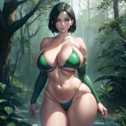 ai_generated big_breasts big_thighs bikini black_hair busty cixf dark_hair earrings green_bikini green_eyes hourglass_figure huge_breasts huge_thighs jungle narrow_waist outdoors rain riot_games short_hair slim_waist thick thick_thighs thigh_gap thunder_thighs thunderthighs valorant viper_(valorant) wide_hips