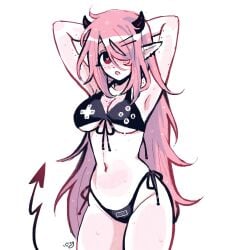 1girls 2020s 2023 artist_signature bikini black_bikini breasts controller_shirt demon_tail female female_only freckles freckles_on_breasts freckles_on_face hair_over_one_eye heart-shaped_pupils horns june_(megrocks) long_hair looking_at_viewer medium_breasts megrocks open_mouth original original_character pink_hair pointy_ears simple_background solo succubus succubus_horns succubus_tail sweat tail white_background