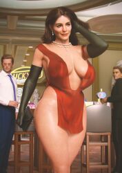 3d 3d_(artwork) arm_length_gloves big_breasts breasts casino cleavage dress earrings large_breasts makeup misfittedarfist nipple_outline page_1 pearl_necklace plunging_neckline precarious_clothing red_dress skimpy skimpy_dress thighs