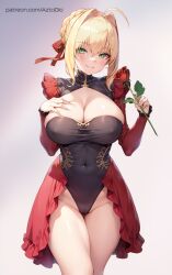 1girls azto_dio blonde_hair breasts clothed fate/grand_order fate_(series) female green_eyes hips holding_object huge_breasts light-skinned_female light_skin nero_claudius_(fate) rose short_hair smile thick_thighs thighs uncensored wide_hips