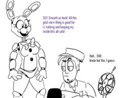 1boy 1girls animatronic bonnie_(fnaf) bowtie breasts buckteeth buttons colored_text eyelashes female five_nights_at_freddy's five_nights_at_freddy's_2 jeremy_fitzgerald no_color no_pussy no_vagina rule_63