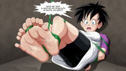 barefoot black_hair blue_eyes clothing confused dragon_ball dragon_ball_z feet female female_focus female_only foot_fetish foot_focus fully_clothed nitropunkarts soles solo_female speech_bubble text tied tied_hands tied_legs videl