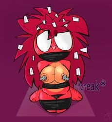 1girls 2021 anthro areolae bondage breasts buxy_xyz female female_only flaky_(htf) happy_tree_friends nipples red_background red_fur red_hair solo solo_female tied_up