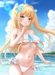 1girls absurdres ahoge aqua_eyes azur_lane bare_shoulders beach bikini blonde_hair bow breasts ca_paria centaur_(azur_lane) centaur_(beachside_undine)_(azur_lane) cloud collarbone commentary_request cowboy_shot day female finger_to_mouth frilled_bikini frilled_bow frills hair_intakes hairbow highres index_finger_raised light-skinned_female light_skin long_hair looking_at_viewer medium_breasts navel ocean official_alternate_costume outdoors pointy_ears revision royal_navy_(azur_lane) shushing smile solo stomach swimsuit twintails underboob white_bikini