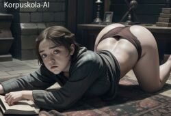 1girls ai_anatomy ai_generated ai_hands arya_stark ass bent_over book bottomless clothed face_down_ass_up female female_only game_of_thrones human human_only indoors korpuskola-ai light-skinned_female light_skin patreon realistic solo