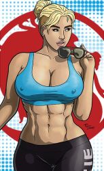 1girls blonde_hair blue_eyes cassie_cage eyewear_removed female female_only fully_clothed mortal_kombat mortal_kombat_x solo sunglasses sunglasses_removed tagme taynor_hook