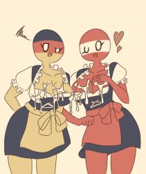 2girls apron austria_(countryhumans) big_breasts cocomooooochi countryhumans countryhumans_girl cum cum_on_breasts female female_only germany_(countryhumans) maid_uniform simple_background uniform