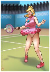 1girls ankle_socks anklehighs cameltoe clothing dress female female_only full_body large_breasts lechono mario_(series) mario_tennis nipple_bulge outdoors panties princess_peach sleeveless sleeveless_dress socks solo standing tennis_outfit tennis_racket underwear upskirt white_socks