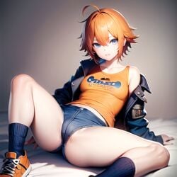 1girls ai_generated clothed ginger_hair jacket nemus_waifu_generator orange_hair shoes_on_bed short_shorts thighs tomboy