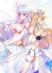 2girls albion_(azur_lane) azur_lane back-to-back bare_shoulders blonde_hair breast_curtains breasts bridal_garter butterfly_hair_ornament centaur_(azur_lane) cleavage cleavage_cutout closed_mouth clothing_cutout cowboy_shot crop_top detached_collar detached_sleeves elf flower from_side gold_trim green_eyes hair_flower hair_ornament highres holding holding_flower imo_bouya jewelry large_breasts light-skinned_female light_purple_hair light_skin lily_(flower) long_hair long_sleeves looking_at_viewer midriff miniskirt multiple_girls navel pleated_skirt pointy_ears purple_eyes revealing_clothes royal_navy_(azur_lane) simple_background single_thighhigh skirt standing thigh_strap thighhighs underboob very_long_hair white_background white_flower white_skirt